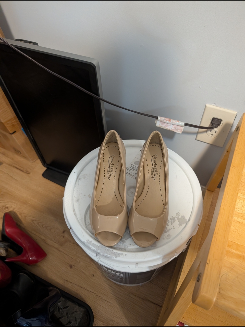 Cityclassified Beige Patent Peep-Toe Pumps